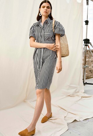 BLACK AND WHITE STRIPE BUTTON DOWN SHIRT DRESS