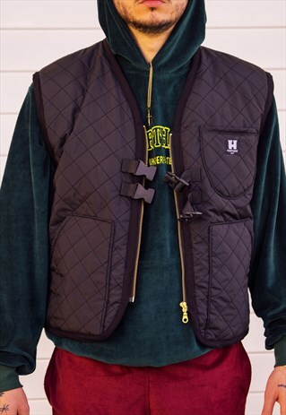 HANDMADE QUILTED UTILITY VEST IN BLACK WITH GOLDEN ZIP