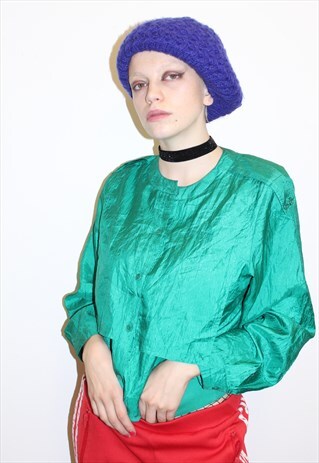 80S VINTAGE LIGHTWEIGHT BOMBER BLOUSE BUTTON-UP BRIGHT GREEN