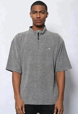 VINTAGE DIADORA 1/4 ZIP LOGO POLO SHIRT GREY