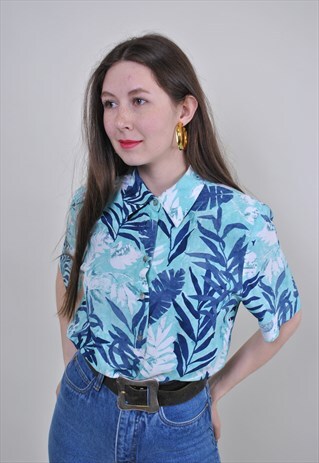 VINTAGE HAWAIIAN BLOUSE, 80S BLUE FLORAL SHIRT