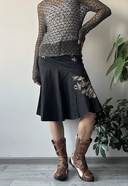 Vintage Y2K 00's Black Denim Flared Embroidered Midi Skirt