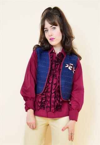 VINTAGE 90S FLORAL EMBROIDERED CROPPED WAISTCOAT IN BLUE
