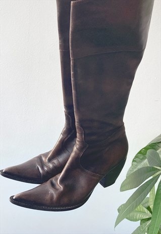 Vintage 70's Brown Real Leather Long Pointed Cowboy Boots