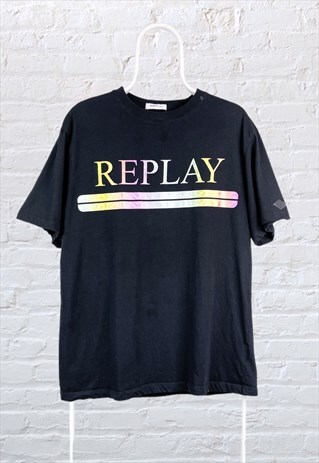 VINTAGE REPLAY T-SHIRT BLACK SPELL OUT LARGE