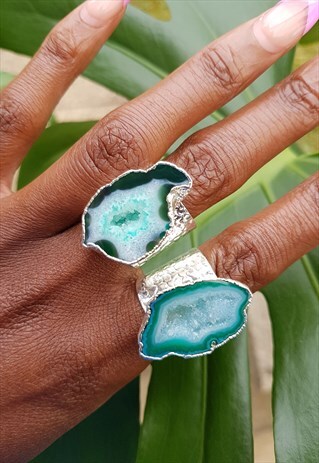 SILVER MEGA GREEN CRYSTAL GEMSTONE STATEMENT RING