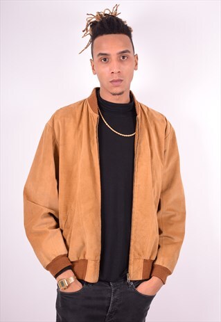 MENS VINTAGE SUEDE BOMBER JACKET MEDIUM BROWN 90'S