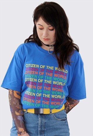 CITIZEN OF THE WORLD BLUE SLOGAN PRINT T SHIRT