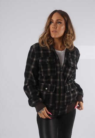 VINTAGE TARTAN BOMBER JACKET OVERSIZED CHECKED UK 12 (H4E)