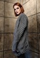 RIPPED CHUNKY SWEATER KNITTED DISTRESSED CABLE JUMPER GREY