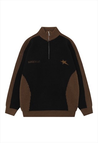 TURTLENECK SWEATER CONTRAST KNITTED COLOR BLOCK JUMPER BLACK
