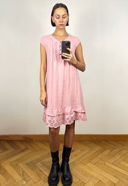 Sleeveless Pink Linen Dress, Short Sun Dress