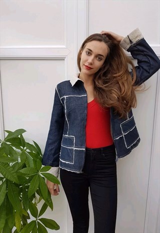 VINTAGE 90'S DARK NAVY BLUE DENIM JACKET WITH WHITE FRINGING