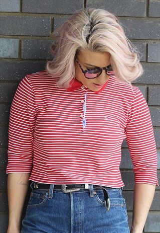 VINTAGE 1990S TOMMY HILFIGER RED STRIPED CROPPED POLO SHIRT