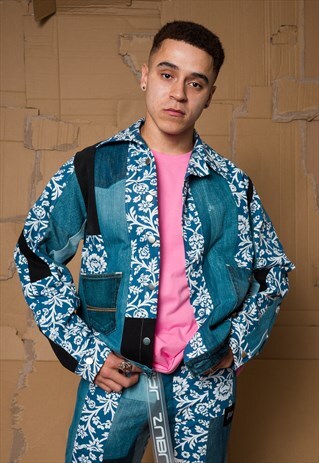 JACKET IN UPCYCLED PANELLED DENIM AND BLUE PRINT