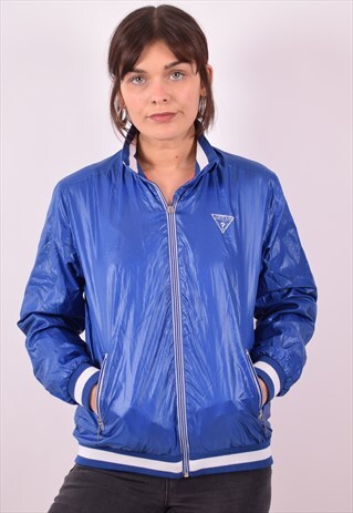 GUESS WOMENS VINTAGE BOMBER JACKET MEDIUM BLUE 90S