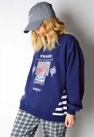 VINTAGE 80S NAVY BLUE STRIPED SAILING SWEATSHIRT