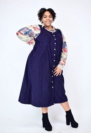 VINTAGE 90'S NAVY CORDUROY LONG BUTTON UP DRESS WITH POCKETS