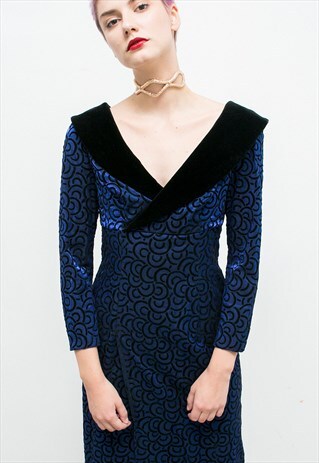 VINTAGE VELVET MIDI SHAWL DRESS BLUE BLACK PATTERN