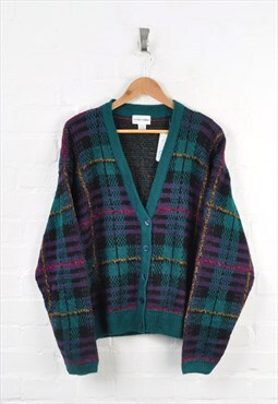 Vintage Knitted Cardigan 80s Checked Pattern Green Ladies XL