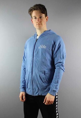 VINTAGE NIKE HOODIE IN BLUE WITH EMBROIDERED LOGO.