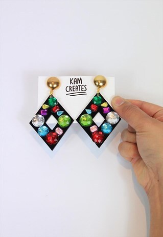 RAINBOW GEM STATEMENT STUD EARRINGS IN BLACK AND GOLD