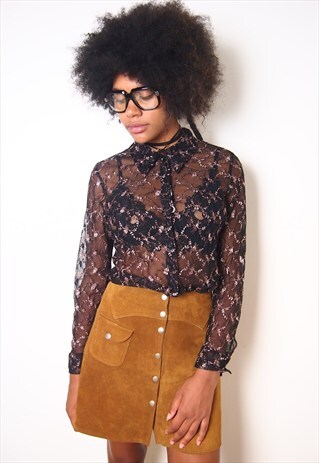 BLACK MESH LACE BLOUSE WITH PINK EMBROIDERY