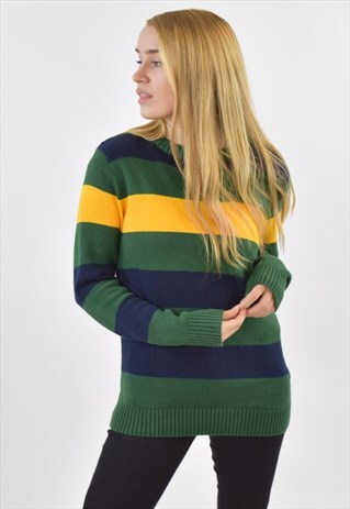 VINTAGE 90S GREEN YELLOW STRIPED TOMMY HILFIGER SWEATER