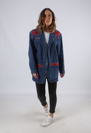 VINTAGE DENIM BLAZER JACKET RODEO LONG LONGLINE UK 14 (HKBY)