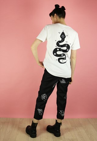SPACE SNAKE MOON PHASE BACK PRINT T-SHIRT - BLACK ON WHITE