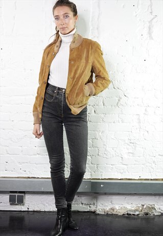 VINTAGE 80S SUEDE BOMBER JACKET SMALL BROWN WOMEN