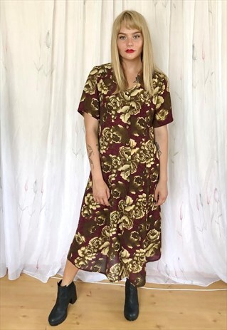 BROWN, PURPLE AND YELLOW FLORAL SHIRT DRESS
