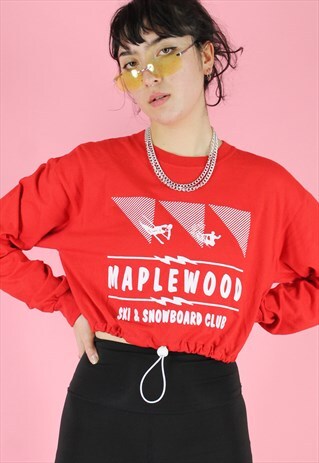 VINTAGE 90S REWORKED CROP TOP IN RED WITH PRINT LONG SLEEVE