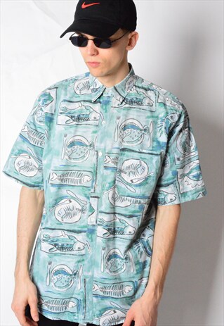 VINTAGE 90S BLUE FISH SUMMER SHORT SLEEVE SHIRT