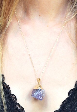 SEMI PRECISOUS DARK AMETHYST CRYSTAL GOLD CHAIN NECKLACE