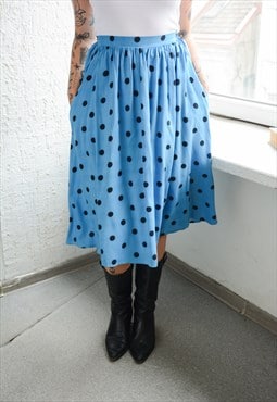 Vintage Bohemian Blue Polka Dot Midi Skirt