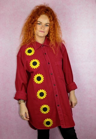 SUNFLOWER EMBROIDERED RED VINTAGE SUEDETTE SHIRT