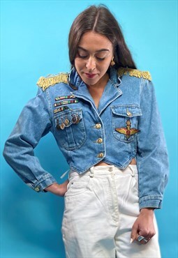 Vintage Military Style Cropped Denim Jacket 