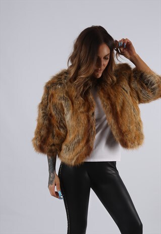 VINTAGE FAUX FUR SHRUG JACKET COAT CROPPED UK L 14 (GJ2D)