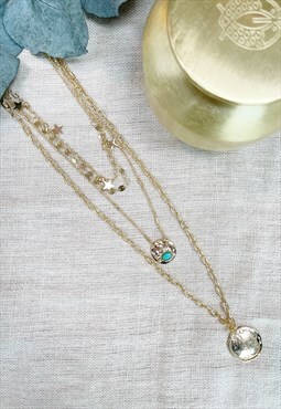 Gold Turquoise hammered Boho Layered Charm Pendant Necklace