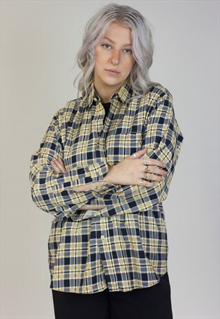 VINTAGE 90'S NAVY/YELLOW/ORANGE CHECK FLANNEL SHIRT