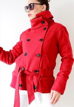 Vintage Coat Y2K Jacket Double Breasted Belted Red Lined