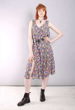 VINTAGE 90S FLORAL BUTTON THIGH SLIT PINAFORE MIDIDRESS