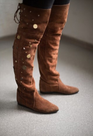 VINTAGE 80'S BROWN SUEDE METAL DETAILS DECORATED BOOTS
