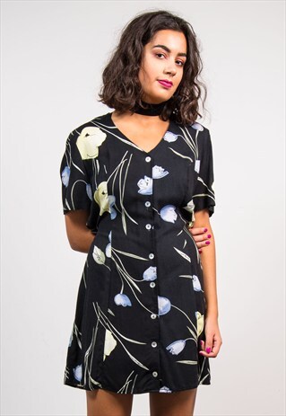 VINTAGE 90'S BLACK FLORAL CUTE GRUNGE MINI DRESS