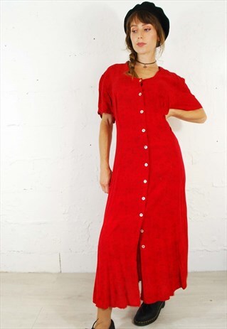 VINTAGE 80S BUTTON DOWN MIDI DRESS RED