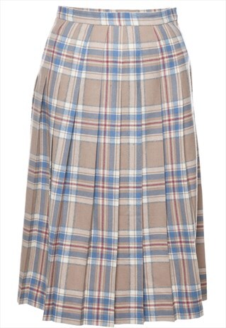 VINTAGE BEYOND RETRO CHECKED LIGHT BROWN & BLUE PLEATED SKIR