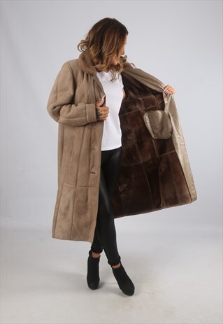 VINTAGE SHEEPSKIN SUEDE SHEARLING COAT LONG UK 14 (C9BT)