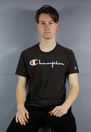 VINTAGE CHAMPION T-SHIRT IN BROWN WITH EMBROIDERED SPELL OUT