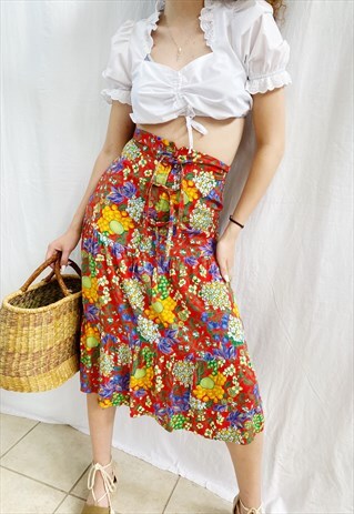 VINTAGE 70S HAUTE BOHEME FRUIT FLORAL PRINT MIDI SKIRT BOHO